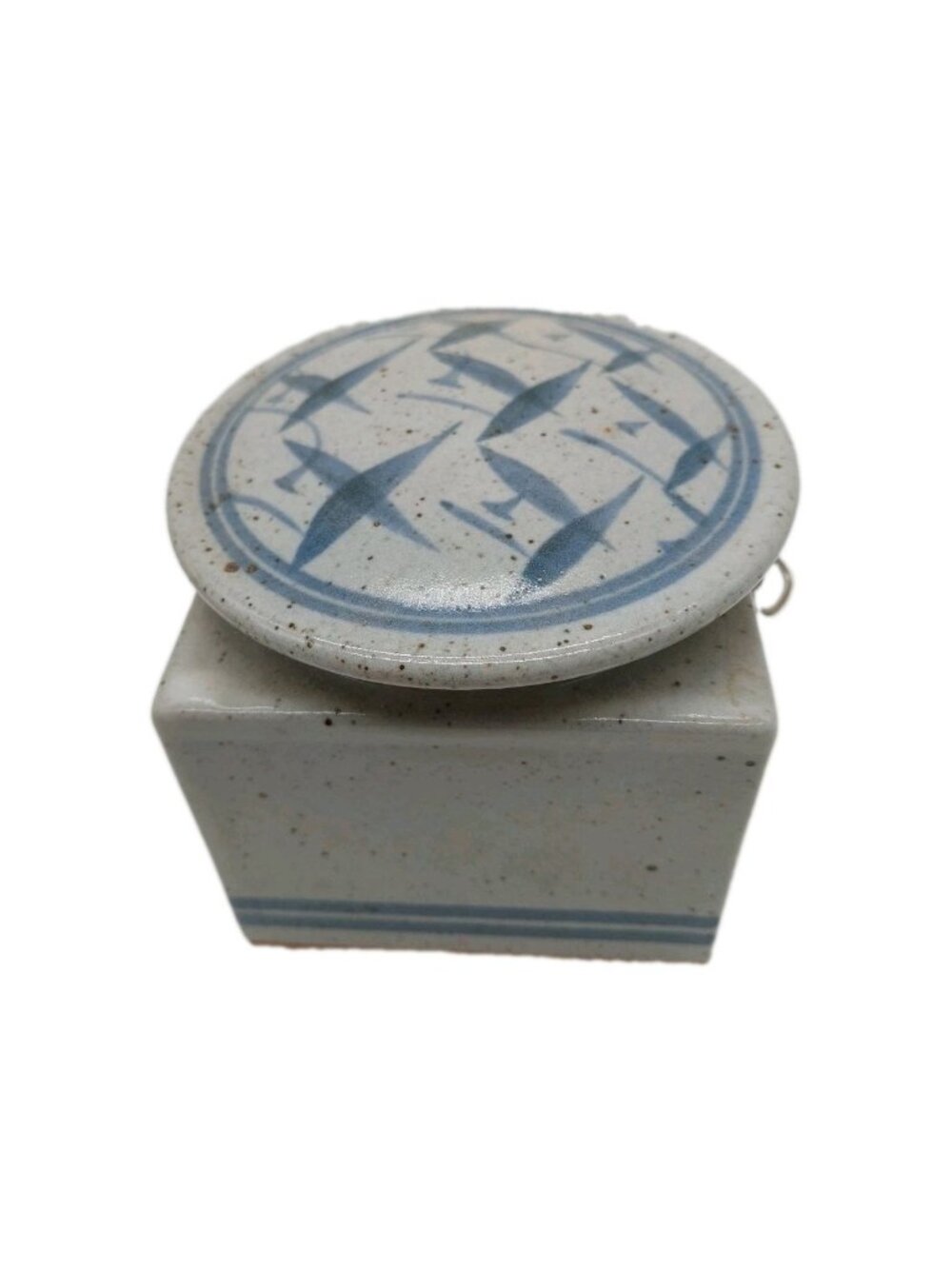 Stoneware Grey Blue Crock Music Box Tested Works Plays "Somewhere My Love" READ